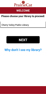 PrairieCat App welcome screen - choose your library