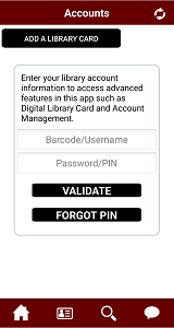 PrairieCat App Accounts screen - Add a library card and validate