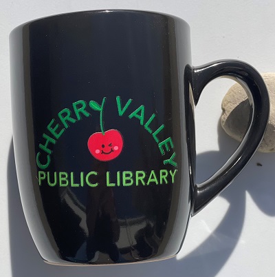 Black coffee mug with new Cherry Valley Public Library logo