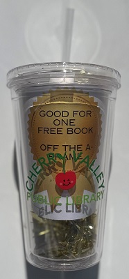 Plastic tumbler with straw with new Cherry Valley Public Library logo