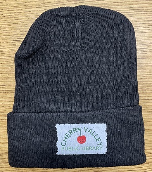 Knit Hat for child with new Cherry Valley Public Library logo